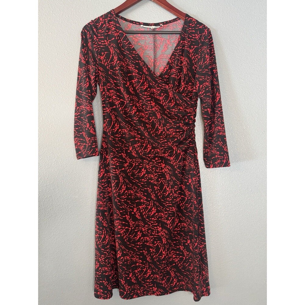Evan Picone Black Red Abstract Faux Wrap Dress Womens 10 V-Neck 3/4 Sleeve